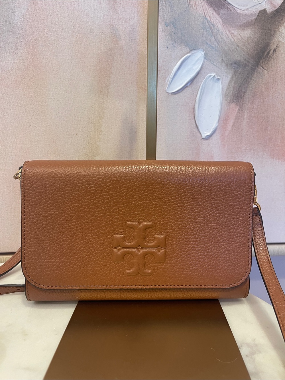 Tory Burch Pebbled Leather Crossbody in Warm Cognac - Picture 1 of 7